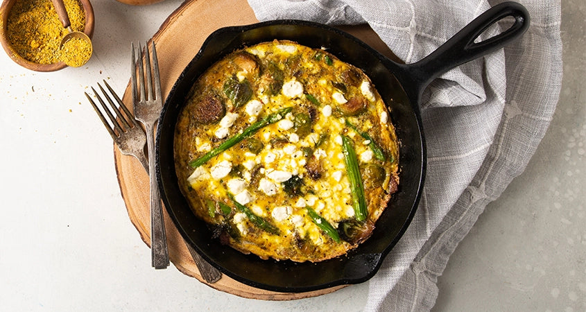 BACON, BRUSSELS, ASPARAGUS, & GOAT CHEESE FRITTATA