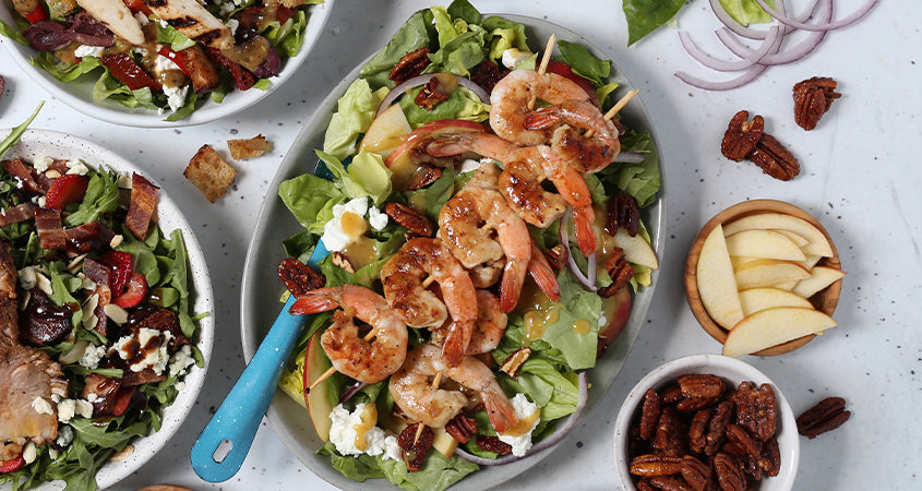 SHERRY ONION GRILLED SHRIMP WITH GOAT CHEESE & APPLE SALAD