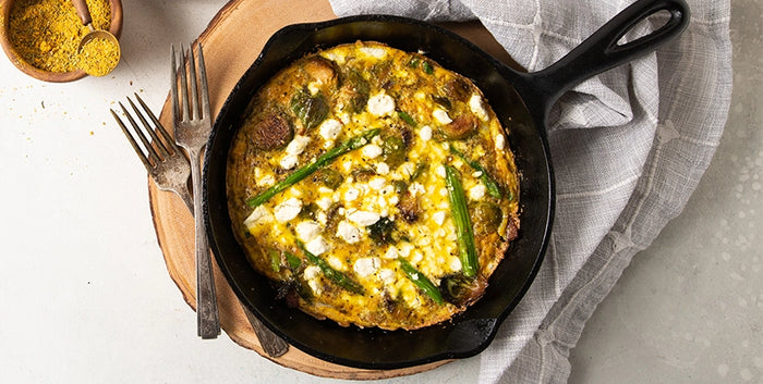 BACON, BRUSSELS, ASPARAGUS, & GOAT CHEESE FRITTATA