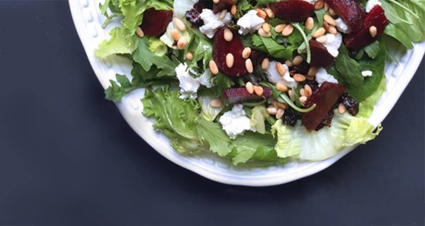 BEET, GOAT CHEESE, & PINE NUT SALAD WITH BALSAMIC POMEGRANATE DRESSING