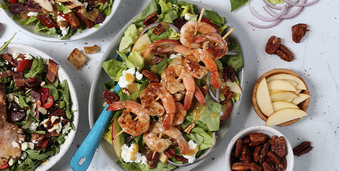SHERRY ONION GRILLED SHRIMP WITH GOAT CHEESE & APPLE SALAD